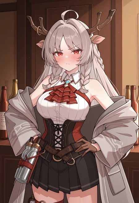 highres, best quality, masterpiece, indoors,
1girl, solo, pcrlsmr, long hair, grey hair, brown hair, twin braids, red eyes, deer ears, antlers, horn ring, ahoge,
plsmdef, grey jacket, coat, off-shoulder, open jacket, sleeveless, bare shoulders, white shirt, collared shirt, red ascot, frilled ascot, black corset, red corset, brown gloves, black skirt, pleated skirt, belt, thigh strap, bottle,
blush, serious, tsundere, looking at viewer,
standing, hand on own hip,
<lora:_louise_marie_pcr-elesico-ilxlA:1>