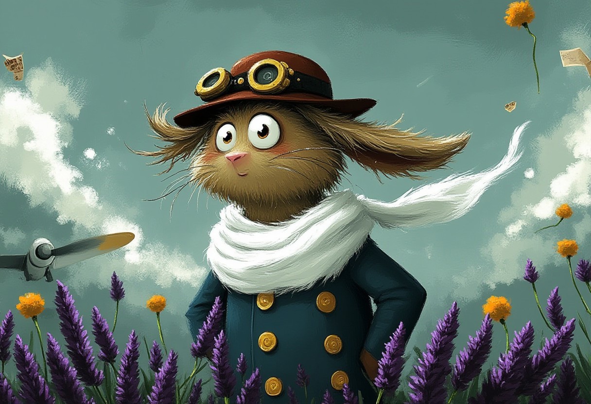 A whimsical illustration of a tall lanky hare in a vintage pilot's uniform in dark whimsical art style, wearing a leather aviator cap with goggles, navy blue jacket with brass buttons and white silk scarf, standing beside a weathered propeller surrounded by floating purple lavender and windswept marigolds, digital painting with dynamic brushstrokes showing ruffled fur and billowing fabric, stormy teal sky background with drifting clouds, characteristic Tim Burton inspired design with enormous round silver eyes and determined expression, vintage aviation maps scattered in the breeze.