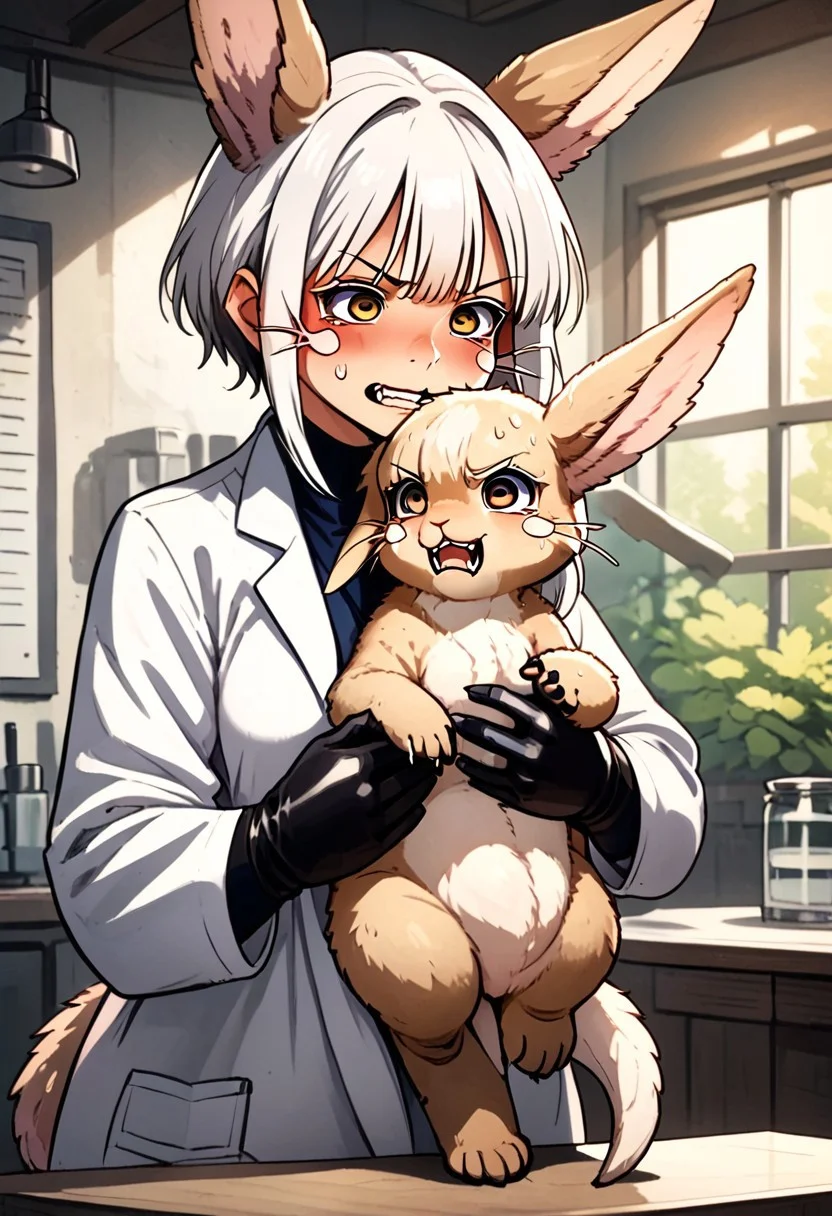 vetcheck, human, veterinarian, lab coat, rubber gloves, inspection, hands, holding animal, animal focus, 1girl, inspection table, crazy doctor, angry human,
monster girl, nanachi, \(made in abyss\)/, white hair, furry, animal ears, tail, sidelocks,