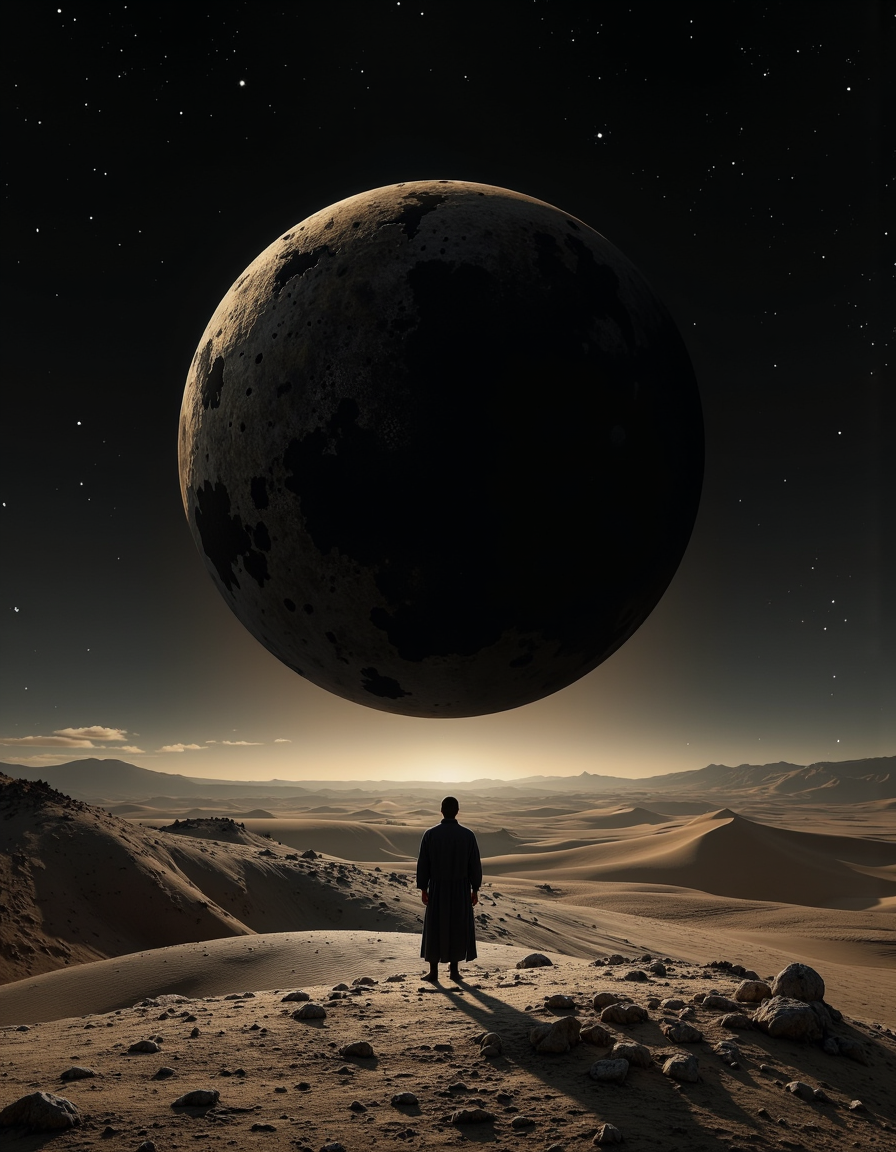 A cinematic photography.
Ashen desert, the black sun dominates the horizon, shadows wander in search of hope, highly detailed, 8k, sharp, professional, clear,  high contrast, vivid deep blacks, crystal clear.