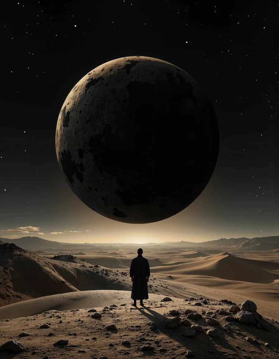 A cinematic photography.
Ashen desert, the black sun dominates the horizon, shadows wander in search of hope, highly detailed, 8k, sharp, professional, clear,  high contrast, vivid deep blacks, crystal clear.