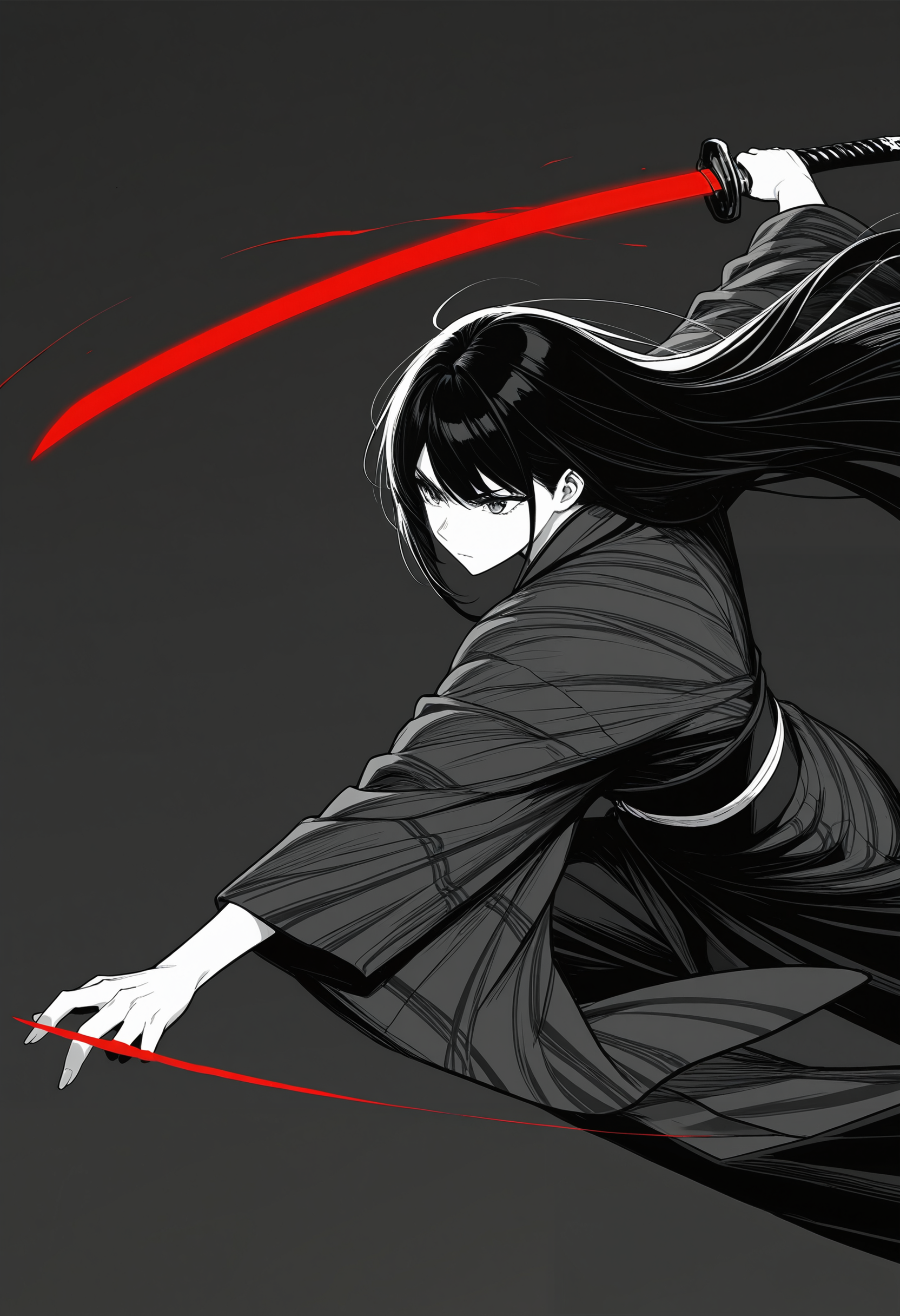 masterpiece, best quality, absurdres, knibor, monochrome, greyscale,
1girl, solo, kimono, katana, energy sword, red sword, fighting stance, slashing,
simple background
