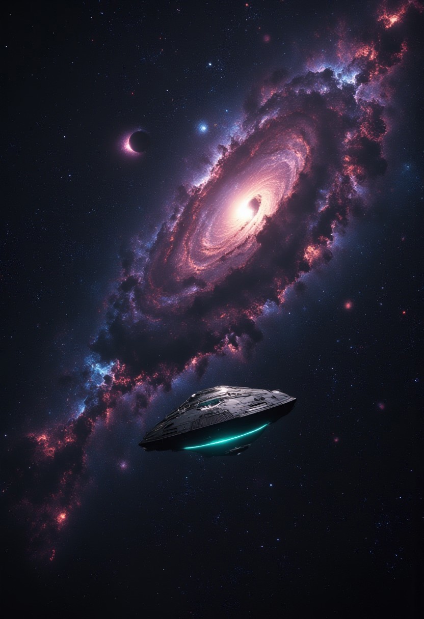 (Exterior shot of Spaceship in a galaxy:1.4) ,  luminar , masterful, poster art, bold lines, hyper detailed, expressive,  award winning,  (scenery:1.4), (intricate details,:1.4),
ring light , wide angle view,
atmospheric haze, Film grain, cinematic film still, highly detailed,  cinemascope, moody, epic, OverallDetail, gorgeous, photorealistic, color graded cinematic, eye catchlights, atmospheric lighting, imperfections, natural, shallow dof,red nebula,white illumination,rim green light on sapceship,