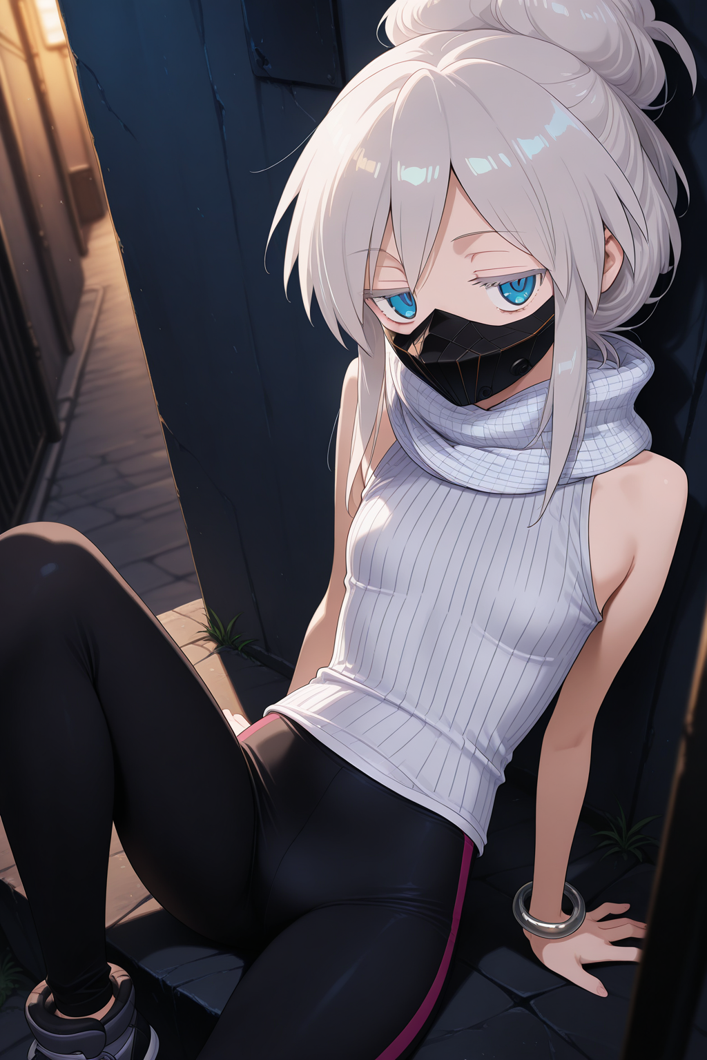 1girl,
DeuxMurasameGundamGQ, DMNormalOutfit,
general, solo, perspective, 
grey hair, blue eyes, colored eyelashes, collarbone,
jitome,
mouth mask,
white scarf, plaid, sleeveless shirt, white shirt, bangle,
black leggings, 
looking at viewer, sitting, swinging legs, arm support,
back alley, neon,
depth of field,
<lora:kp_DeuxMurasameGundamGQIllustrious_v1_1:1.0>,
masterpiece, best quality, amazing quality