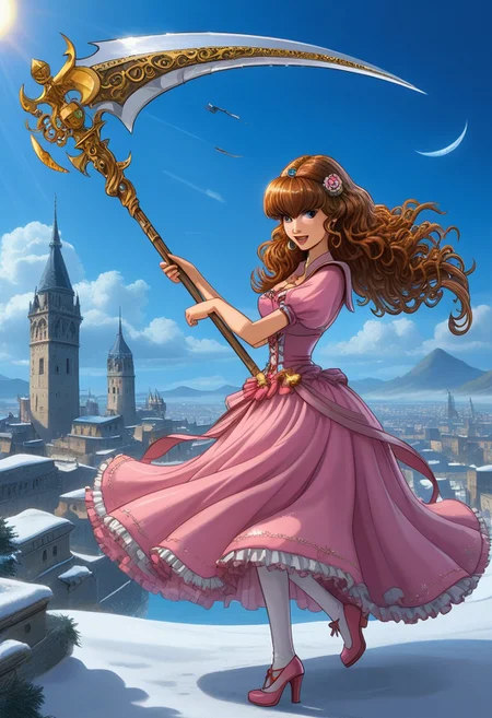 happy girl, random_combat_action_pose, scythe (4K4BUR5TYL3)