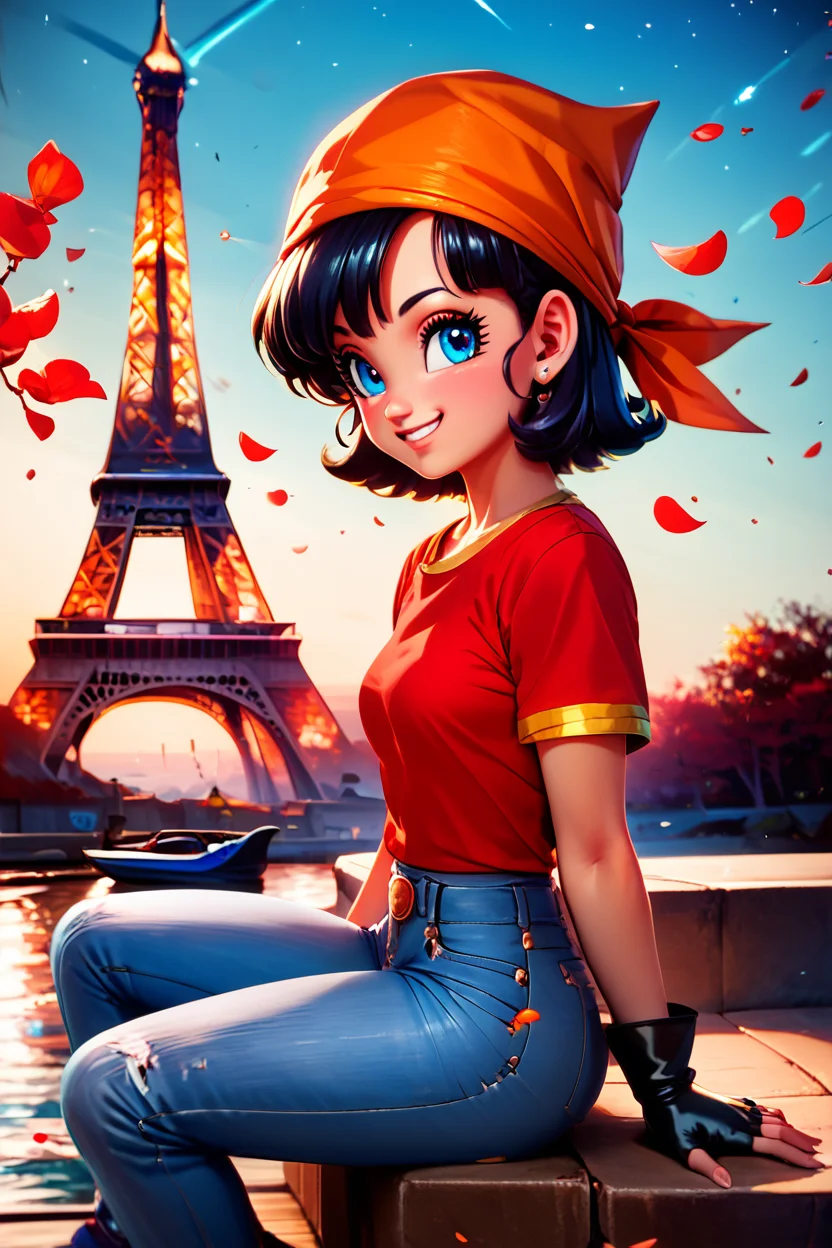 score_9, score_8_up, score_8, medium breasts, (curvy), cute, eyelashes, BREAK, , zzPan, black hair, short hair, bandana, gloves, fingerless gloves, red shirt, denim pants, <lora:Pan_Dragonball_PDXL:0.8>, , BREAK, zzEiffelTower in background, sitting, watercraft, boat, sitting on wall, side view, looking at viewer, smile, BREAK, blooming stars, luminescent petals, otherworldly fragrance blurry background, embedding:zPDXL, Expressiveh, <lora:EiffelTowerPDXL:1.0>, <lora:CatalystStylePDXL:0.6>, <lora:SDXLFaeTastic2400:0.5>, <lora:Expressive_H-000001:0.4>,
