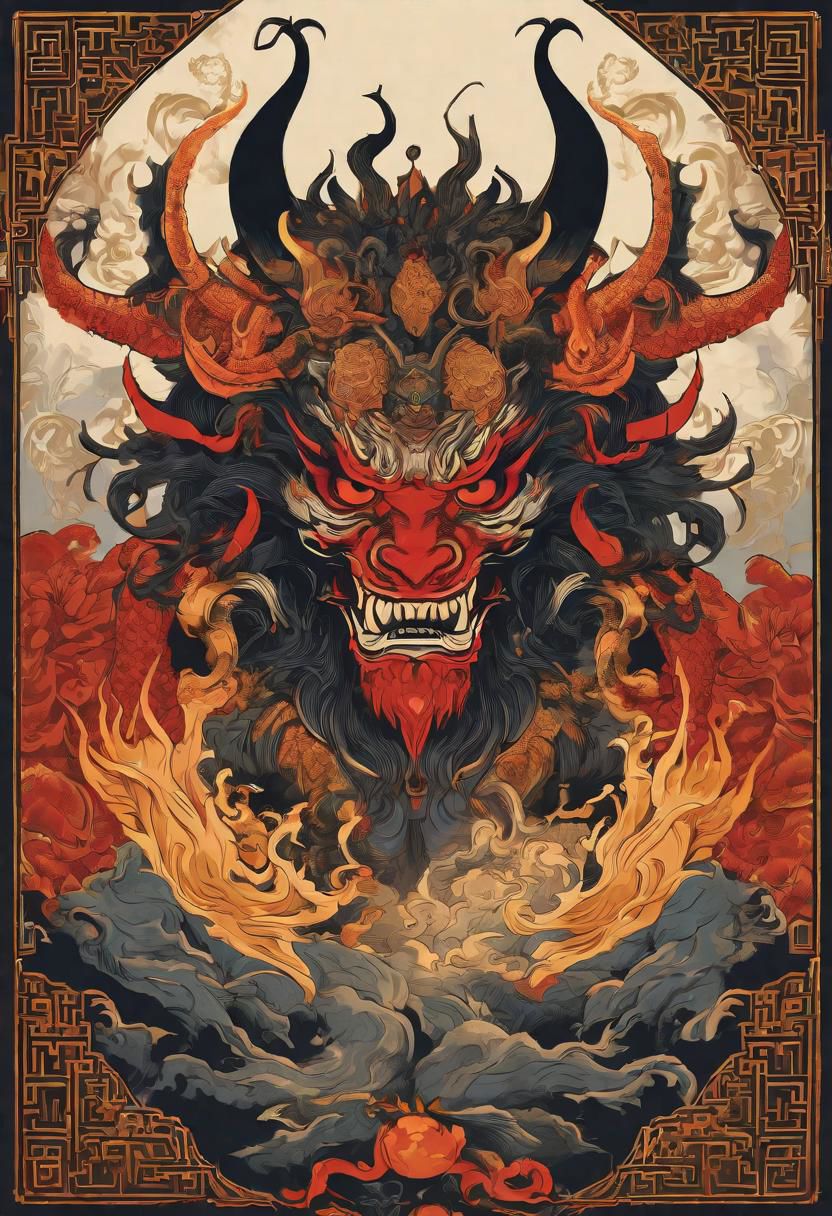 Design a (((Chinese demon))) that embodies the intersection of malevolence and mystique. Its features include intricate horns, ethereal scales, and eyes aflame with otherworldly wisdom. Uncover its origins within ancient Chinese folklore or its place in the celestial hierarchy. Explore its motivations, whether driven by revenge, power, or redemption. Invite writers to infuse this character with cultural nuances, making it a complex figure that resonates with the rich tapestry of Chinese mythology