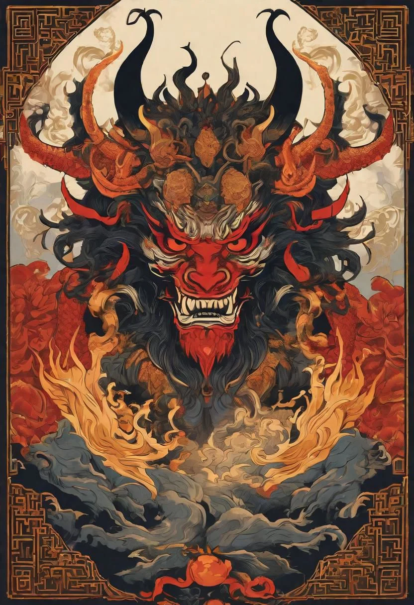Design a (((Chinese demon))) that embodies the intersection of malevolence and mystique. Its features include intricate horns, ethereal scales, and eyes aflame with otherworldly wisdom. Uncover its origins within ancient Chinese folklore or its place in the celestial hierarchy. Explore its motivations, whether driven by revenge, power, or redemption. Invite writers to infuse this character with cultural nuances, making it a complex figure that resonates with the rich tapestry of Chinese mythology