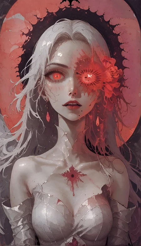 (score_9, score_8_up:1.1), score_7_up, Elegant, etheral presence, woman, solo, glowing eyes, an enigmatic aura, shadows, fiery light, dark and red ambiance, depth blur, enigmatique, mysterious, armored dress, beutifuly, curvy, dark dress, infected face, ful body <lora:Expressive_H-000001> expressiveh <lora:vixon gothic oil style:0.7> d4rk01l <lora:Gothic Art 2 Style SDXL_LoRA_Pony Diffusion V6 XL:0.5> <lora:Mon_XL:0.8> <lora:Pony_DetailV1.0>