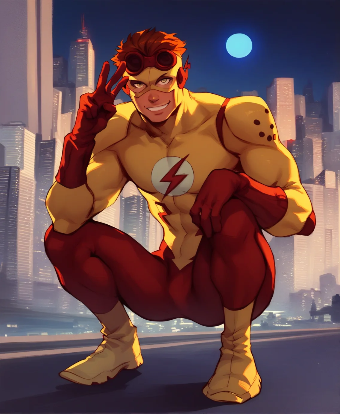 <lora:Wally_west:1> score_9, score_8_up, score_7_up, kid flash, solo, looking at viewer, bodysuit, muscular male, brown hair, short hair, squatting, spread legs, v, city, night moon, goggles, smile,