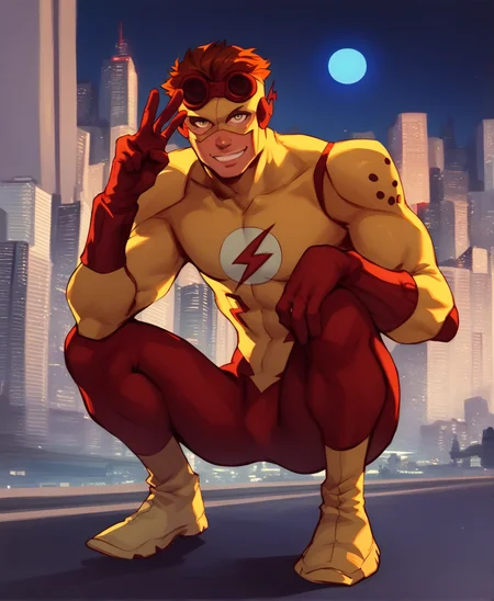<lora:Wally_west:1> score_9, score_8_up, score_7_up, kid flash,  solo, looking at viewer, bodysuit, muscular male, brown hair, short hair, squatting, spread legs, v, city, night moon, goggles, smile,
