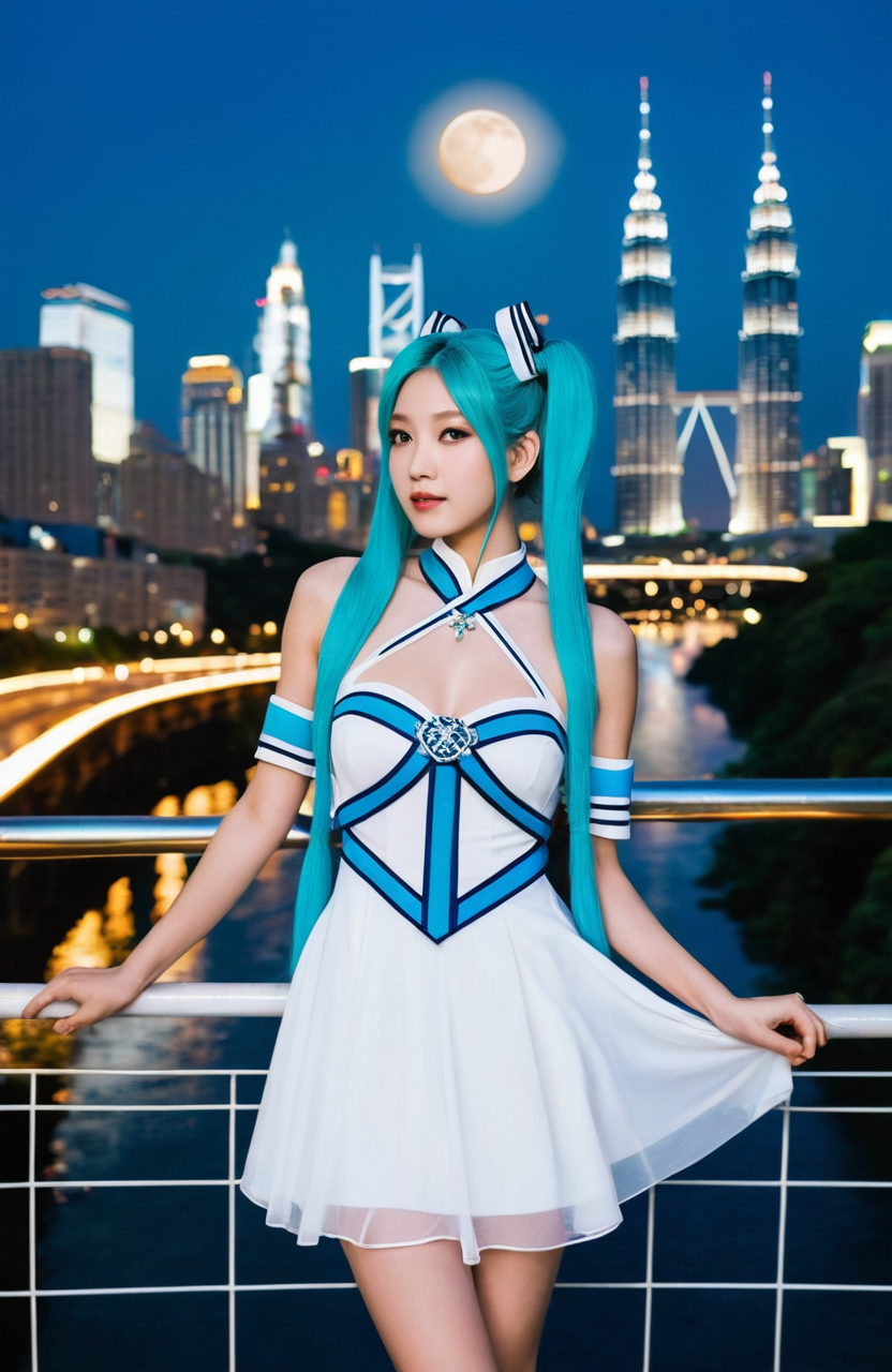 m3tr0pl3x3, sidewalk, scenery, city, building, cityscape, sky, outdoors, skyscraper, city lights, bridge, cloud, tower, skyline, river, instagram photo, photo of a prompt ., Height: Slightly taller than her younger Sailor Moon form, around 5 feet 5 inches, (165 cm:1.1), giving her a more mature and regal stature, Build: Slim and graceful, with a delicate yet commanding presence. Her figure exudes both femininity and strength, symbolizing her role as a queen and protector of the Earth, Hair: Long, silver-white hair styled in her signature "odango", (twin buns:1.1), with cascading pigtails that reach far below her feet. The hair shimmers with a radiant, moonlit glow, emphasizing her celestial nature and her connection to the Moon Kingdom, Eyes: Deep blue eyes that are soft yet intense, reflecting her wisdom, compassion, and inner strength. Her gaze carries a sense of serenity and divine authority, Skin: Fair and luminous, with a radiant, otherworldly glow that highlights her ethereal beauty. Her flawless complexion enhances her image as a celestial queen, making her an ideal representation for the game 'The Eye of God'.,
A girl named Hatsune Miku is standing on a stone bridge overlooking a city with skyscrapers and a river under it. She has long blue twintails hair and is wearing a white dress with a high neckline. The girl's hands are placed behind her back and she is looking at the viewer. In front of the girl there is a large moon in the sky and below her feet on the ground there is a river with waterfalls. The background features a night cityscape with skyscrapers and a full moon in the sky.
 <lora:m3tr0pl3x3 :1>