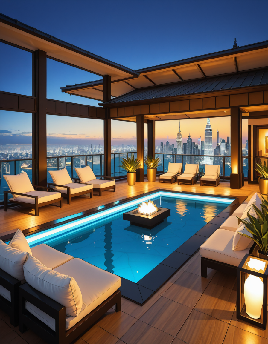 A breathtaking photo of a luxurious private rooftop at sunset, designed in a modern and elegant architectural style. The rooftop features a large infinity pool with crystal-clear water reflecting the warm golden hues of the sky. Surrounding the pool are plush, oversized lounge chairs with soft white cushions, neatly arranged under stylish wooden pergolas with flowing white curtains. In the background, a panoramic city skyline with shimmering skyscrapers stretches across the horizon. Ambient string lights hang delicately overhead, casting a soft, romantic glow. A chic outdoor bar with marble countertops is positioned on one side, decorated with fresh tropical plants and golden lanterns. The atmosphere feels serene and exclusive, with subtle reflections on the polished wooden floor. The lighting is a perfect mix of natural sunset tones and ambient soft white lights. The overall mood is peaceful, sophisticated, and inviting, ideal for an elite gathering or private escape.
<lora:SDXLFaeTastic2400:0.4> <lora:extremely_detailed:0.4> extremely detailed, <lora:luxurious_pr1v4t3_r00ft0p-i:1>,luxurious pr1v4t3 r00ft0p, Masterpiece,best quality,hi res,8k,hi res,8k,award winning,(sharp focus, intricate, highly detailed),