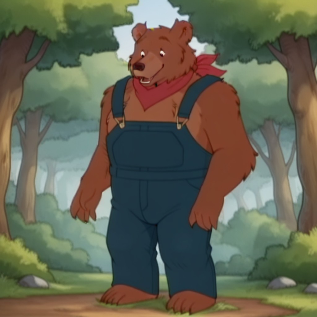 masterpiece, best quality, amazing quality,  RustyLBil, semi-anthro, male bear, brown fur, black eyes, blue overalls, red neckerchief, standing, in a forest,, <lora:b05cc297-2fca-4766-8f2d-4fd24c5a1ef1:1.0>