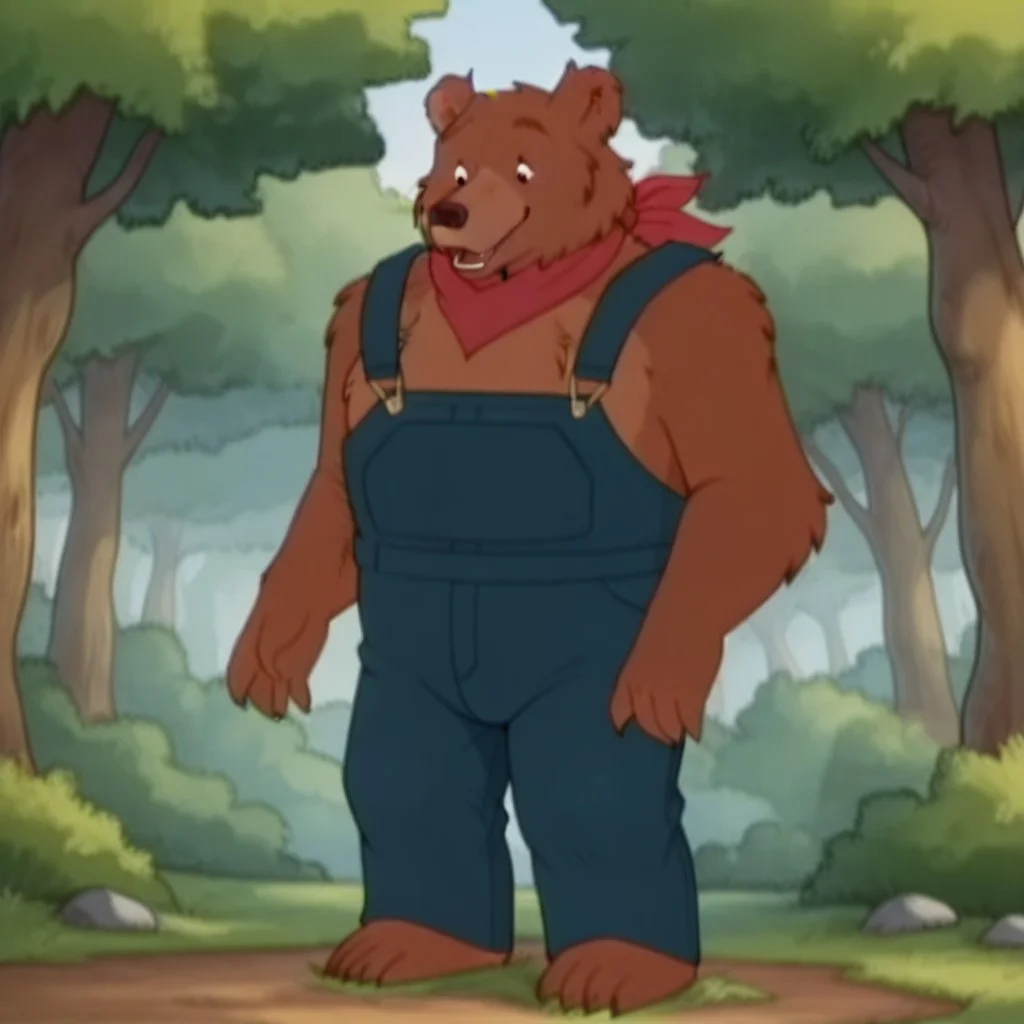 masterpiece, best quality, amazing quality, RustyLBil, semi-anthro, male bear, brown fur, black eyes, blue overalls, red neckerchief, standing, in a forest,, <lora:b05cc297-2fca-4766-8f2d-4fd24c5a1ef1:1.0>