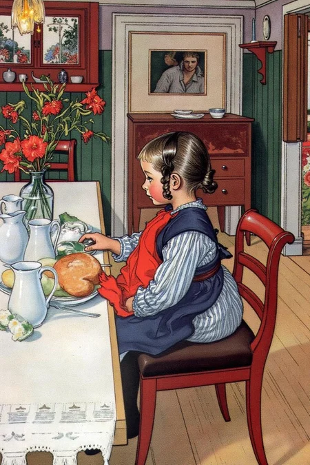 car1ar painting.
The scene depicts a young girl seen in a side view, sitting at a table, engaged in a breakfast meal. She is dressed in a traditional, somewhat old-fashioned outfit, with a white blouse, a dark blue apron, and a red scarf tied around her head, styled in a loose braid. Her expression is contemplative as she looks down at her plate. <lora:car1ar1_cap_d6a3:1.0><lora:825494763273932777:0>