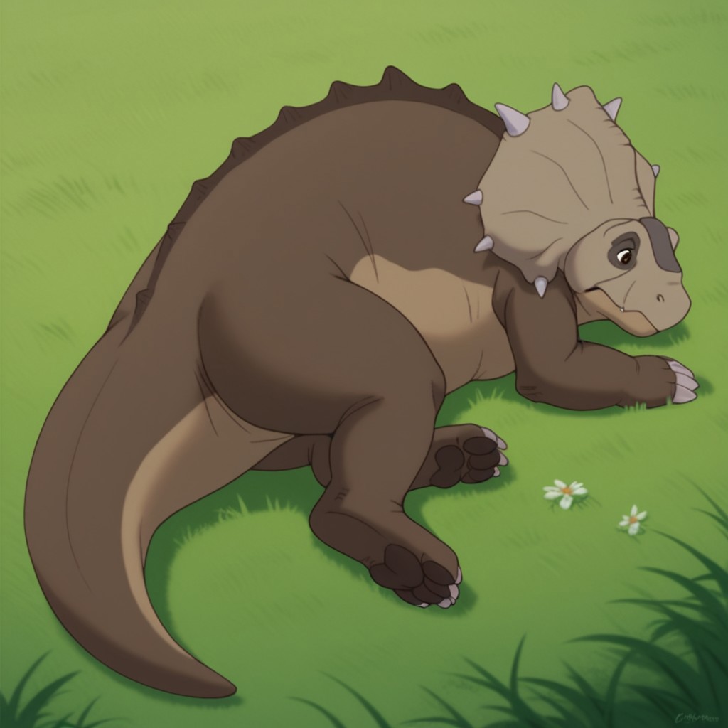 score_9, score_8_up, score_7_up, score_6_up, score_5_up, score_4_up, source_furry, thicknoselbt, feral, male,dinosaur, crest, spikes, Pachyrhinosaurus, brown skin, brown eyes, lying, in a grassy field