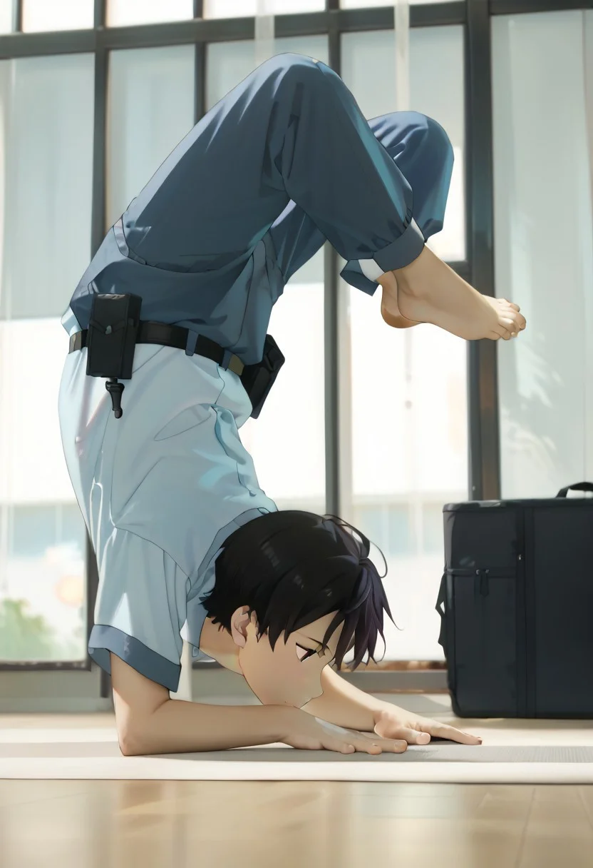 score_9, score_8_up, score_7_up, zPDXL2,
,
kazuhiko nukumizu, black hair, brown eyes, male Japanese Summer Police Uniform,light-blue collared shirt, rank slides,hip holster
vrischikasana pose