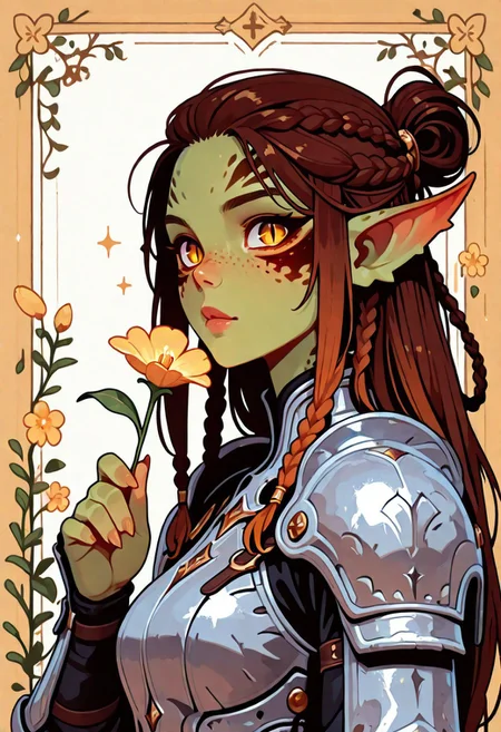 masterpiece,best quality,amazing quality, 1girl, solo, looking at viewer, simple background, haiz_ai, in the style of cknc, floral border, inset border, Flatline, Flat vector illustration, 1girl, brown hair, long hair, colored skin, pointy ears, lae'zel, slit pupils, yellow eyes, facial mark , braided sidelock, body freckles, toned, BGLaezel, green skin, silver armor, smelling a flower,
