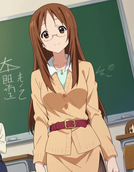score_9, score_8_up, score_7_up, source_anime,
sawakoyamanaka, <lora:sawako-yyamanaka-s2-ponyxl-lora-nochekaiser:1>,
sawako yamanaka, brown eyes, brown hair, glasses, long hair,
belt, official style, pantyhose, teacher, dress, light brown dress, skirt, pencil skirt,
indoors, classroom, smile,
looking at viewer, dutch angle, cowboy shot,