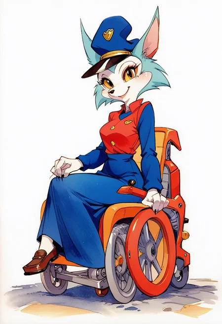 score_9, score_8_up, score_7_up, score_6_up, score_5_up, score_4_up, masterpiece, perfect face, perfect hands, high quality, source_cartoon, watercolor \(medium\), traditional media, merustyle, dynamic pose, side view, furry, carmen_patrol_03, carmen_fox, young adult, blue fox, 6 heads tall, fox girl, furry, yellow eyes , medium perky breast, thin waist, cute, detailed face, smiling, Police uniform, blue hat, mini skirt, bare legs, loafers, looking viewer,
Powered Wheelchair, cyberpunk style wheel chair, mechanical parts, robot manipulator with wheelchair, carmen sitting wheelchair