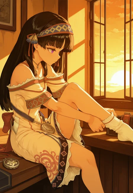 masterpiece,best quality,amazing quality, absurd, 1girl, solo, atslstera, black hair, long hair, hairband, purple eyes, slsteradef, beige dress, multicolored dress, print dress, necklace, off-shoulder dress, medallion, bare shoulders, sitting, dressing socks, adjusting legwear, indoor, relaxed, light blush, sunset, light from window, from side, cowboy shot,