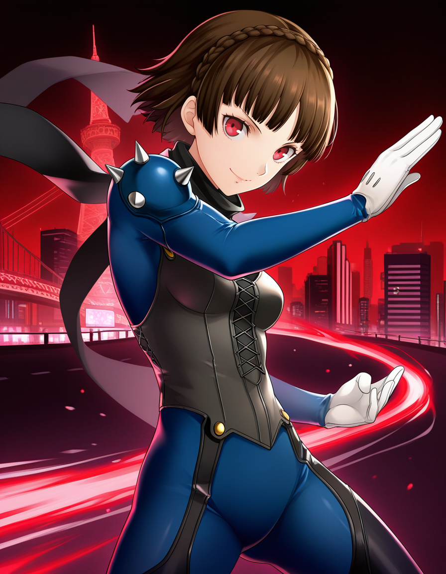 (n1n4m0),    <lora:1_illu_ninamo_24e:1>, 1girl, Niijima Makoto, Persona 5, cowboy shot, brown hair, red eyes, crown braid, blue bodysuit, scarf, shoulder spikes, smile, closed mouth, short hair, small breasts, fighting stance, Tokyo, red and black background, city, (masterpiece, best quality, amazing quality),