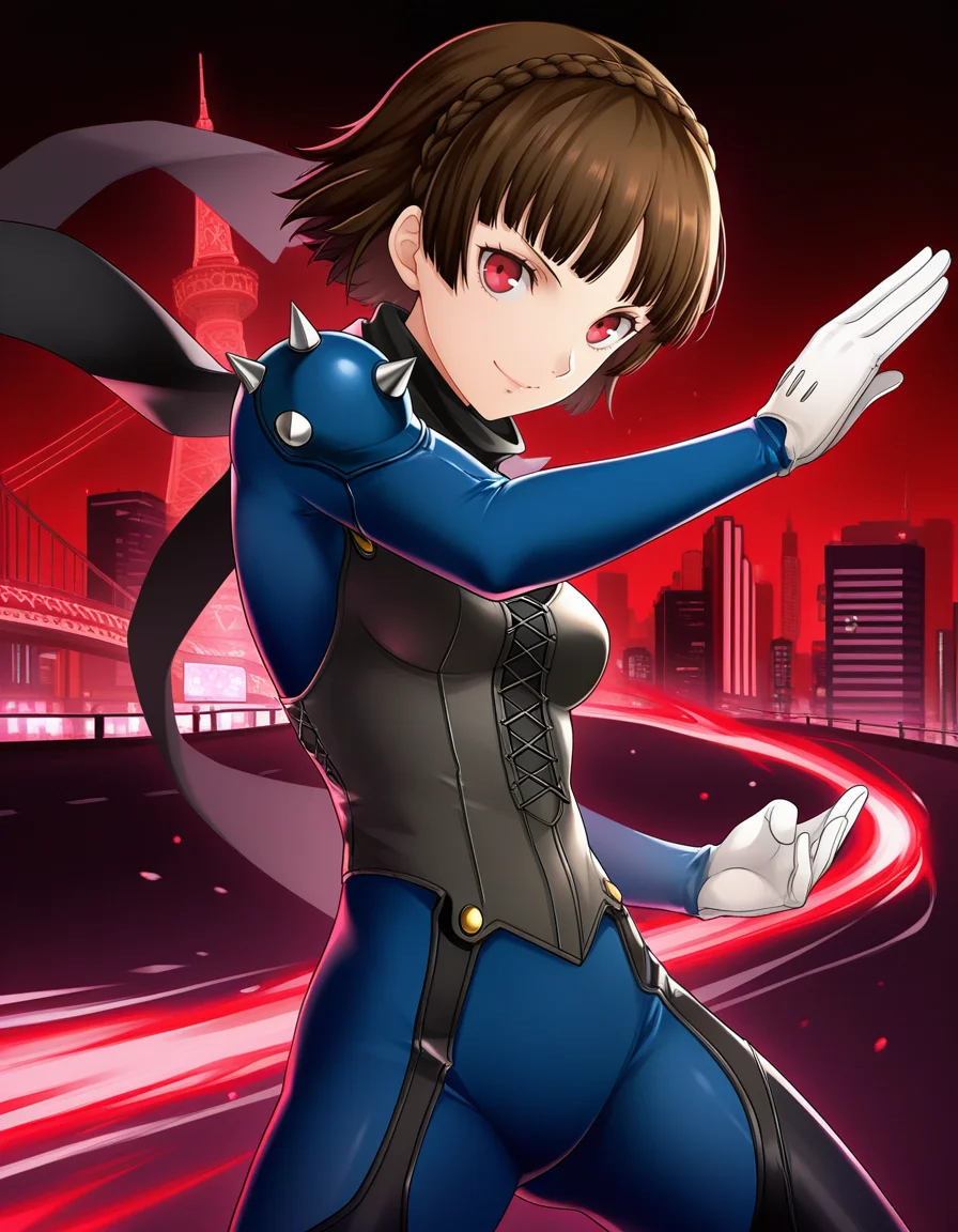 (n1n4m0), <lora:1_illu_ninamo_24e:1>, 1girl, Niijima Makoto, Persona 5, cowboy shot, brown hair, red eyes, crown braid, blue bodysuit, scarf, shoulder spikes, smile, closed mouth, short hair, small breasts, fighting stance, Tokyo, red and black background, city, (masterpiece, best quality, amazing quality),