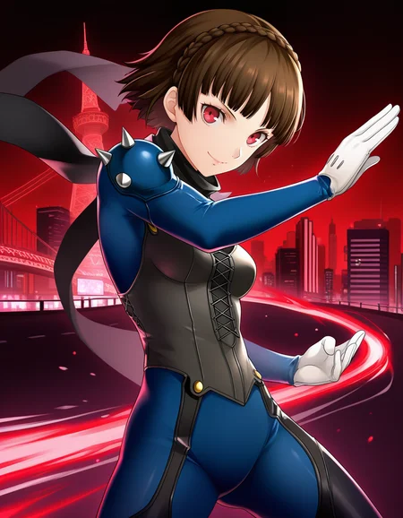 (n1n4m0), <lora:1_illu_ninamo_24e:1>, 1girl, Niijima Makoto, Persona 5, cowboy shot, brown hair, red eyes, crown braid, blue bodysuit, scarf, shoulder spikes, smile, closed mouth, short hair, small breasts, fighting stance, Tokyo, red and black background, city, (masterpiece, best quality, amazing quality),