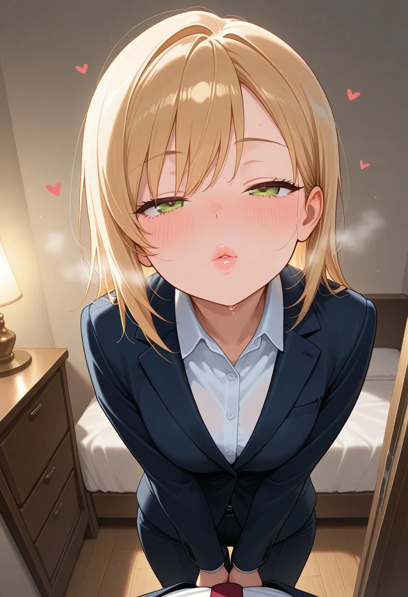 masterpiece, best quality, amazing quality, detailed, 1girl, pov, kiss, bedroom, background, cowboy shot, suit,