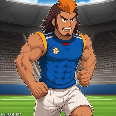 Score_9, cartoon source, toon source, high Quality, wolfconf, 1boy, solo, HIJIKATA RAIDEN, Brown hair, black eyes, muscle body, two-tone hair, dark skin, soccer uniform (white shorts, blue sleeveless shirt), muscle arms, goatee, soccer camp,