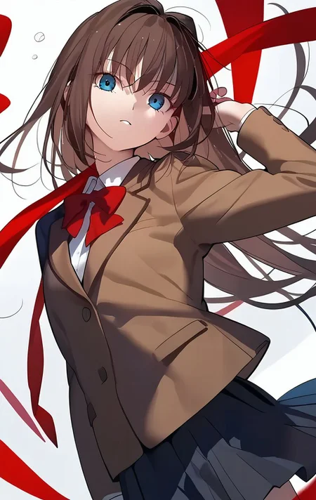 <lora:PONY_character_aozaki_aoko:1>,aozaki_aoko, 1girl, solo, school_uniform, skirt, jacket, brown_jacket, blazer, pleated_skirt, bow, looking_at_viewer, red_bow, shirt, long_sleeves, score_9, score_8_up, score_7_up, score_6_up,1girl