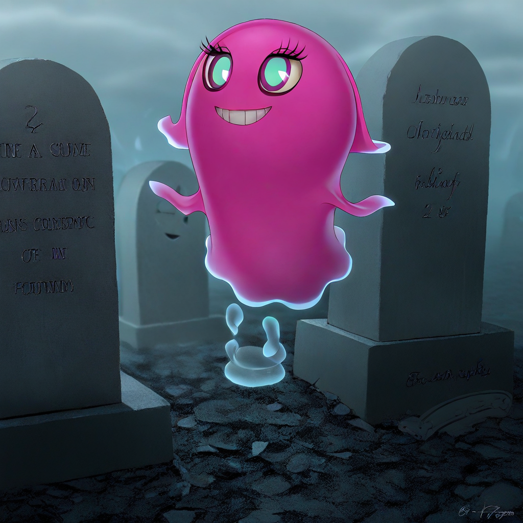 masterpiece, best quality, solo, pin_paga, pink ghost, floating, grave yard,