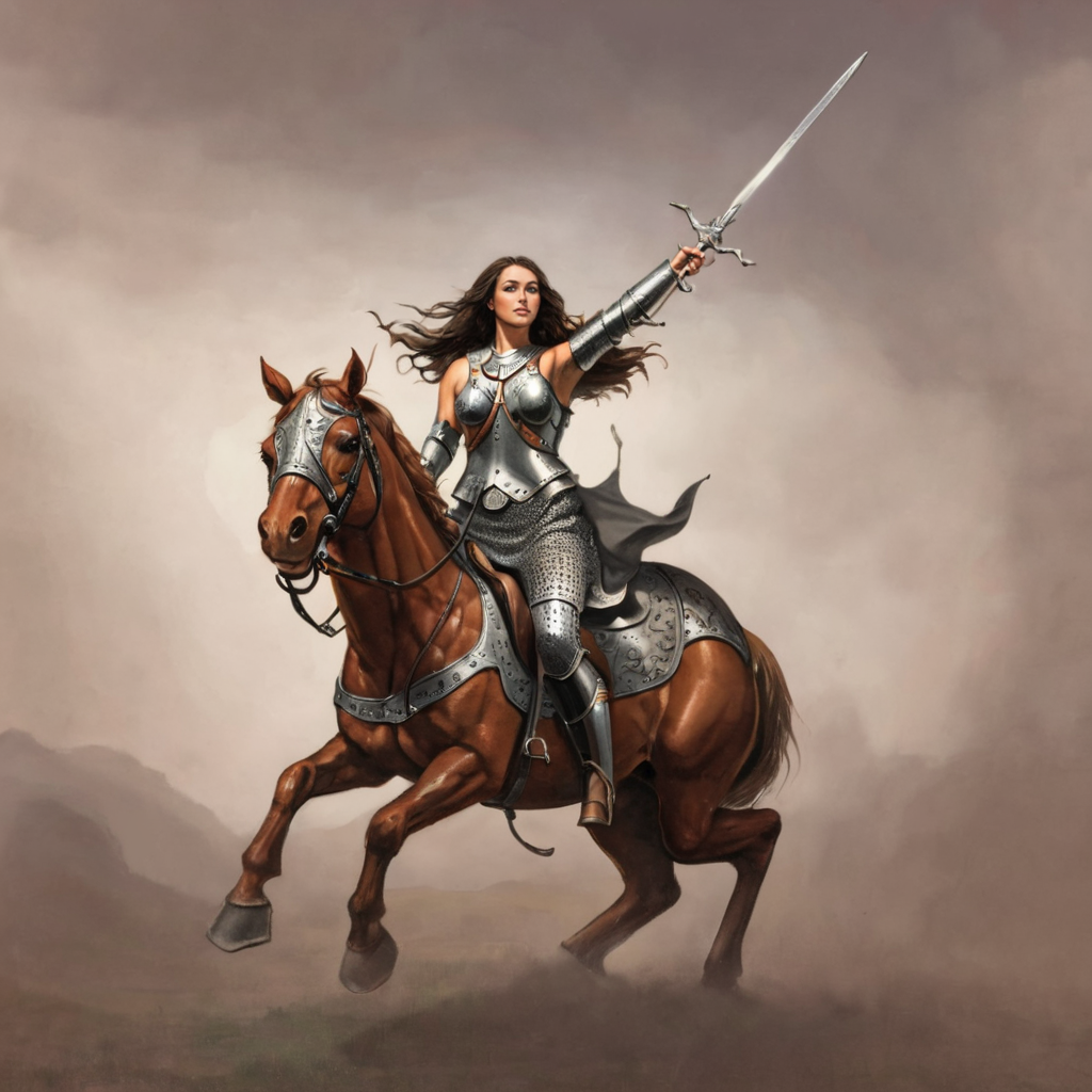 <lora:k3nk3lly:0.75>k3nk3lly woman on a horse in armor with a sword in her hand