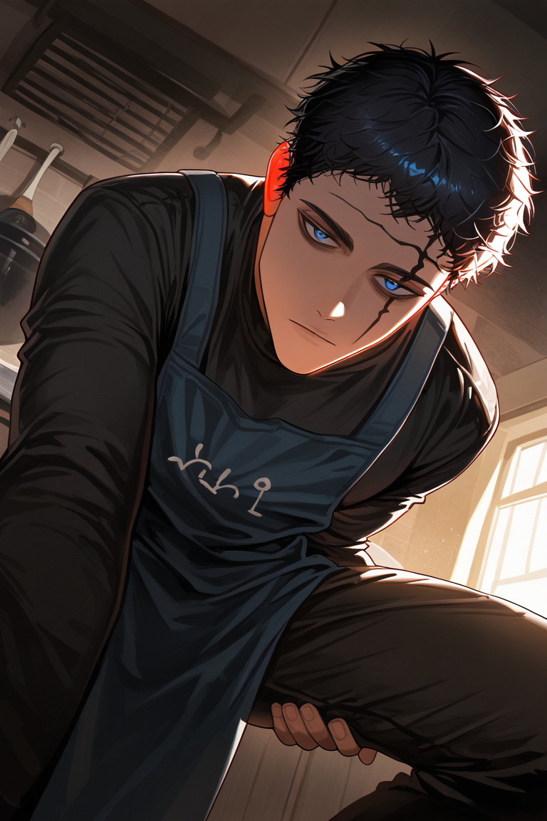 realistic shading, dimlighting, facial marked-male focus, expressive expressionless face, zenonbc, black_zenonbc_facial mark, black_zenonbc_short hair, blue eyes, 1boy, seductively looking down at viewer, staring, shiny skin, holding leg, apron, dark indoors kitchen, chandleier, bleak environment, dark environment, shadow, foreshortening, dynamic angle, dynamic action, intricately detailed illustration, cinematic, depth of field, atmospheric perspective, masterpiece, best quality, amazing quality, very aesthetic, absurdres, newest, selective coloring