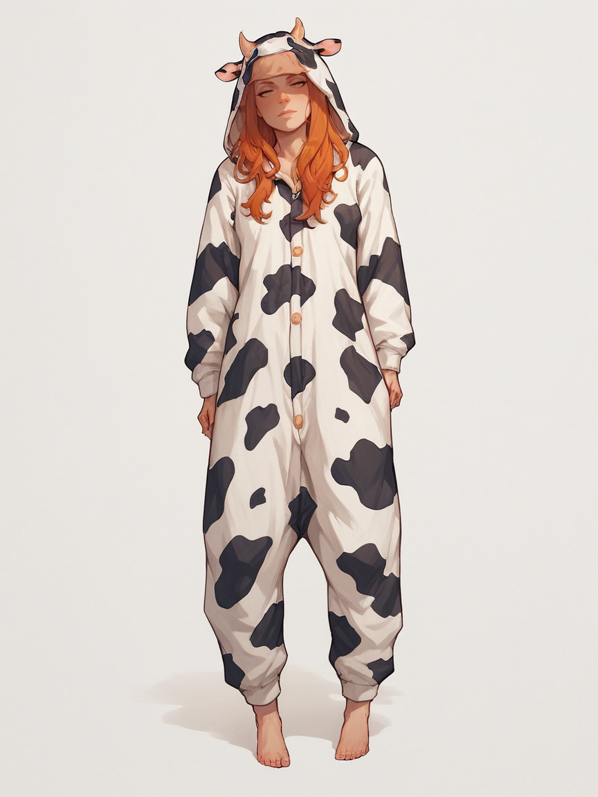 score_9, score_8_up, score_7_up, score_6_up, score_5_up,  <lora:CowonesieXLP:0.7> cow onesie, solo, cow print, animal costume, barefoot, 1girl, long hair, ginger hair