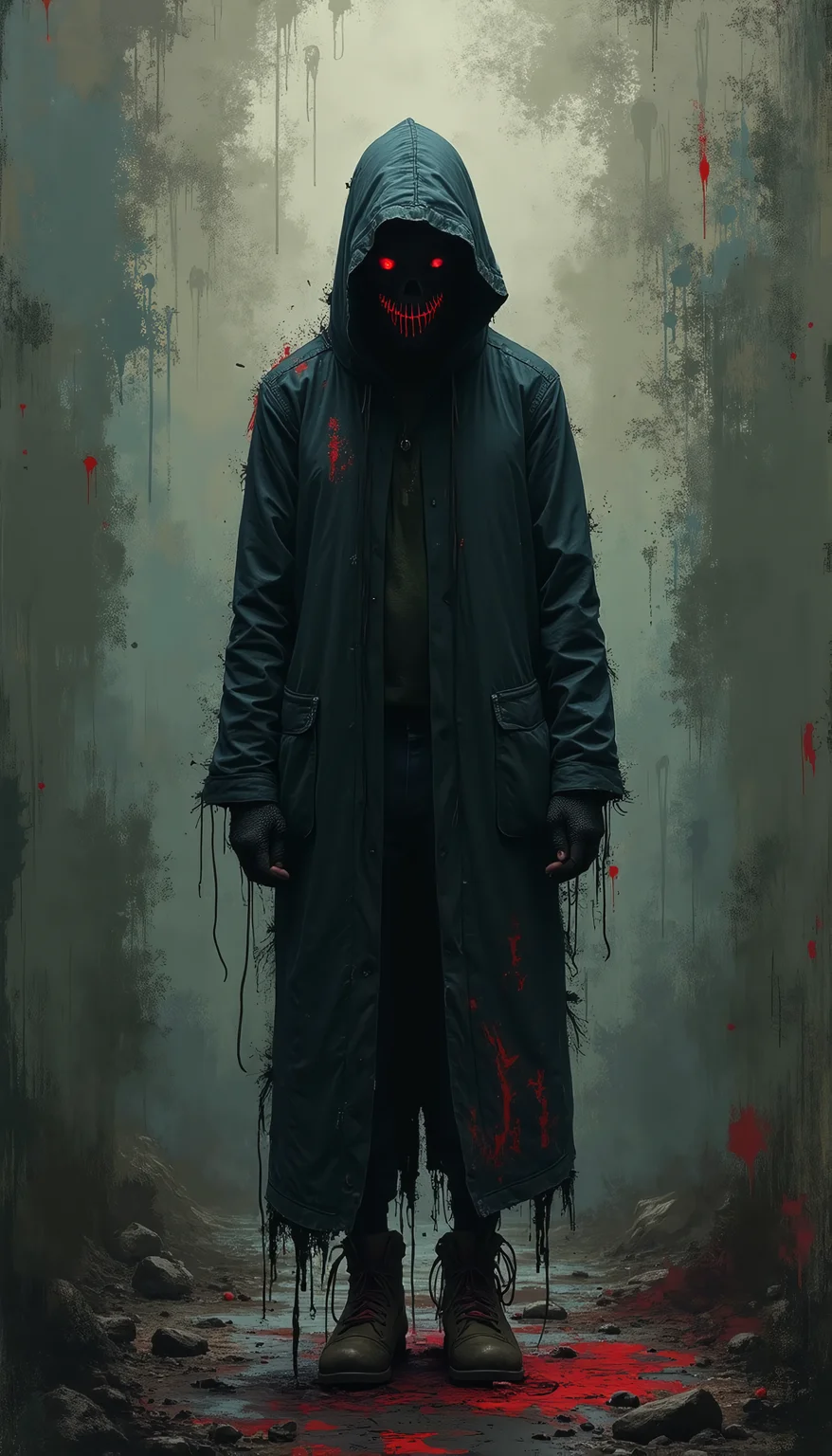 Weird Cursed “Death Stranding game” vibe , in the style of Bill Sienkiewicz, The textured background is a combination of dark palete, Dark foreboding colors ,with visible brushstrokes and areas of distress that enhance the piece's raw, tactile quality, minimalist aesthetics to evoke a sense of transformation and hidden identity