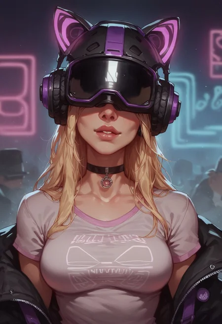 score_9, score_8_up, score_8_up, 1girl, gamer girl, pink T-shirt, blonde hair, (headphones with cat ears, covered eyes), virtual reality helmet,(oculus rift), sexy, nsfw, neon lights, g0thicPXL,
