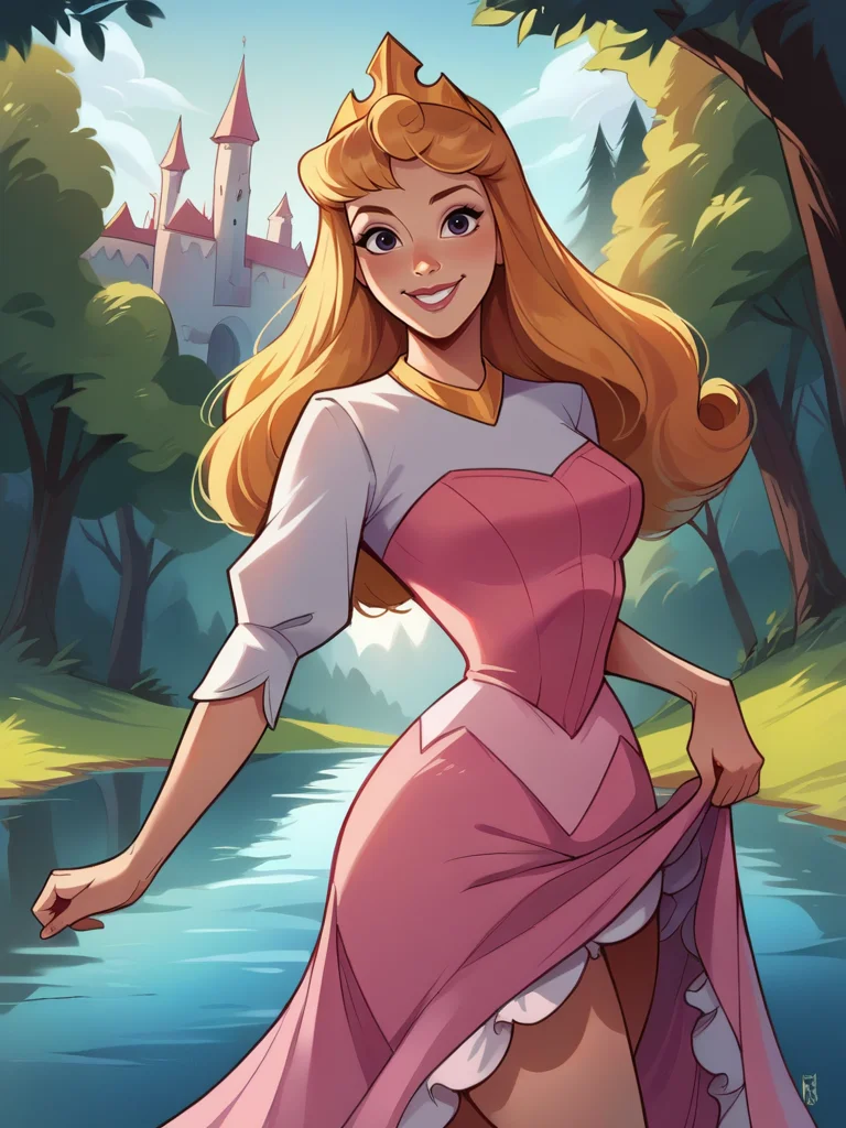 score_9, score_8_up, score_7_up, score_6_up, AuroraXLP skirt lift, single bare leg, pink dress, fluffy skirt, bright dress, princess, tiara, purple eyes, sexually suggestive, nsfw, medium breasts, narrow waist, wide hips, thick thighs, looking at viewer, cowboy shot, cartoon, dynamic pose, smile, cute, wide shot, solo, forest, lake, magic vibe, castle, disney, dutch angle, realistic,
<lora:AuroraXLP_character:0.85>
