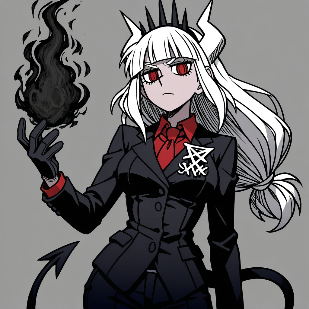masterpiece, best quality, newest, absurdres, highres, A/BFV1.0, black fire, fire, flame 1girl, lucifer (helltaker), black suit, red necktie, black collared shirt, black gloves, blunt bangs, demon horns, demon girl, demon tail, red eyes, white hair, long hair