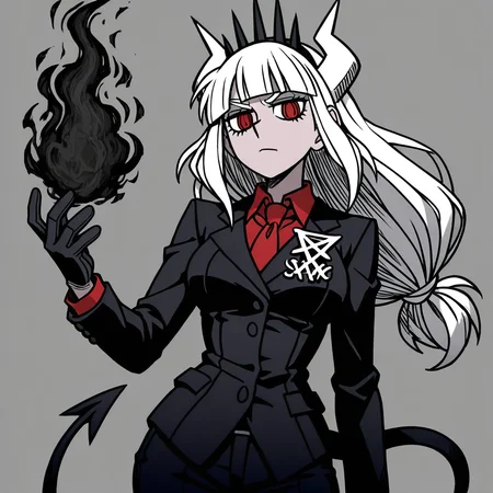masterpiece, best quality, newest, absurdres, highres, A/BFV1.0, black fire, fire, flame 1girl, lucifer (helltaker), black suit, red necktie, black collared shirt, black gloves, blunt bangs, demon horns, demon girl, demon tail, red eyes, white hair, long hair