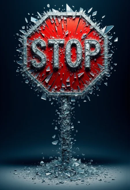 <lora:Glass_Fracture_Former_FLUX-000017:0.9>
This is a digital artwork featuring a stylized, surreal image of a stop sign made entirely of shattered glass.