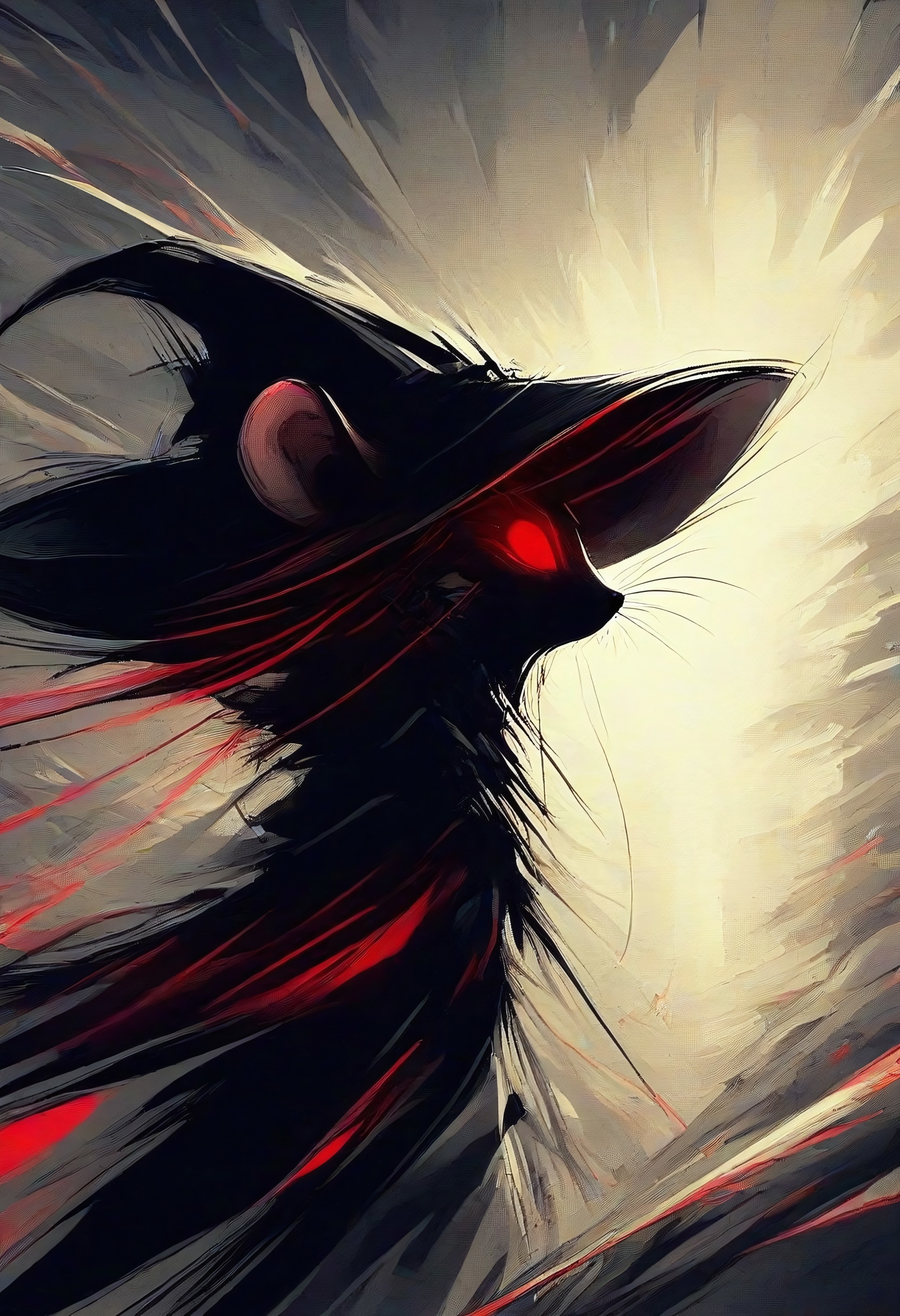 score_9, score_8_up, score_7_up, score_6_up, score_5_up, score_4_up, (solo), (fluffy:0.8), (feral), outdoors, furry, (((mouse))), female, glowing red eyes, grey fur, black ears, claws, (fluffy cheeks:0.4), witch hat, (black dress), (red glowing magical staff), (cute:0.3), in the style of Beatrix Potter, cel-shading, monochromemuse, monochrome, greyscale, ink splatter, linquivera, forest, dramatic angle, (head focus, head shot, close up:1.5), cartoon, detailed background