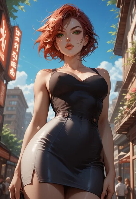 score_9, score_8_up, score_7_up, score_6_up, rating_questionable, 1girl
Jane, JaneRH, short red hair, swept hair, fit, medium breasts, green eyes, beautiful lips, pefect ass, dynamic pose, aesthetic, perspective, solo, detailed, sensual look, outdoor, neon lights, wearing black pencil dress, nipple peek, deep cleavage, parted lips, cowboy shot, low angle view