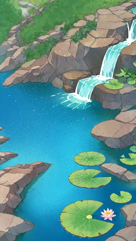river, waterfall, lake,  lily pads, SteamSummerSales2024 <lora:SteamSummerSales2024:1>