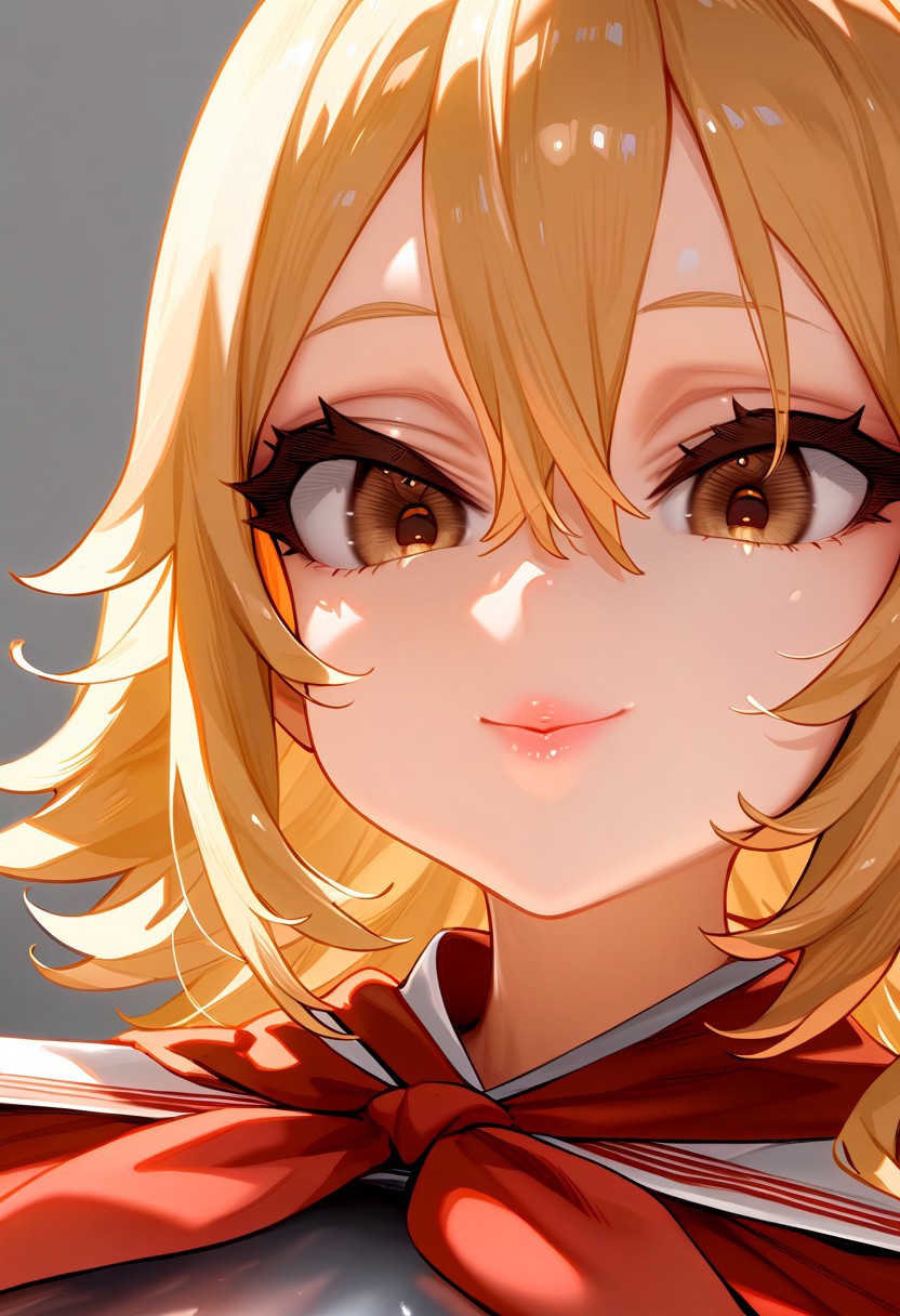 (masterpiece:1.2, best quality), (finely detailed eyes: 1.2) (ultra-detailed, hires), (detailed face, detailed eyes), (best illumination), detailed glow, high contrast, looking at viewer, ((solo)), smile, closed mouth, 1girl, huge breasts, wide hips, thick thighs, centurii-chan, blond hair, brown eyes, hair between eyes, medium hair, fluffy hair, bangs, armor, ((breastplate)), dress, neckerchief, red neckerchief, red dress, short dress, short sleeves, pink lips, skindentation, no background, empty background, (((face shot))), (masterpiece, best quality, very aesthetic, absurdres), (ultra detailed perfect piece:1.2), illustration, masterpiece, (extremely detailed CG 8k), (very fine 8K CG), <lora:add-detail-xl:-1>
