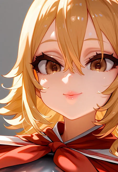 (masterpiece:1.2, best quality), (finely detailed eyes: 1.2) (ultra-detailed, hires), (detailed face, detailed eyes), (best illumination), detailed glow, high contrast, looking at viewer, ((solo)), smile, closed mouth, 1girl, huge breasts, wide hips, thick thighs, centurii-chan, blond hair, brown eyes, hair between eyes, medium hair, fluffy hair, bangs, armor, ((breastplate)), dress, neckerchief, red neckerchief, red dress, short dress, short sleeves, pink lips, skindentation, no background, empty background, (((face shot))), (masterpiece, best quality, very aesthetic, absurdres), (ultra detailed perfect piece:1.2), illustration, masterpiece, (extremely detailed CG 8k), (very fine 8K CG), <lora:add-detail-xl:-1>