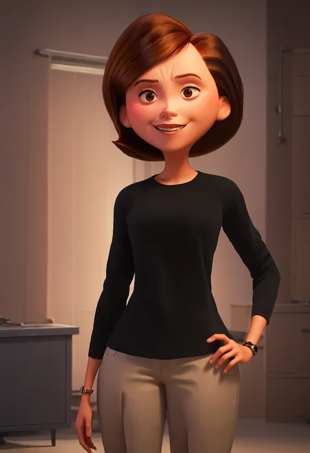 <lora:HelenParrPony1.1_r1:1>, score_9, score_8_up, score_7_up, score_6_up, score_5_up, score_4_up, looking at viewer,helen parr, 1girl, solo, short hair, brown hair, pants, brown eyes, smile, jewelry, watch, long sleeves, black sweater, standing, smile, indoors, hand on own hip,cowboy shot,