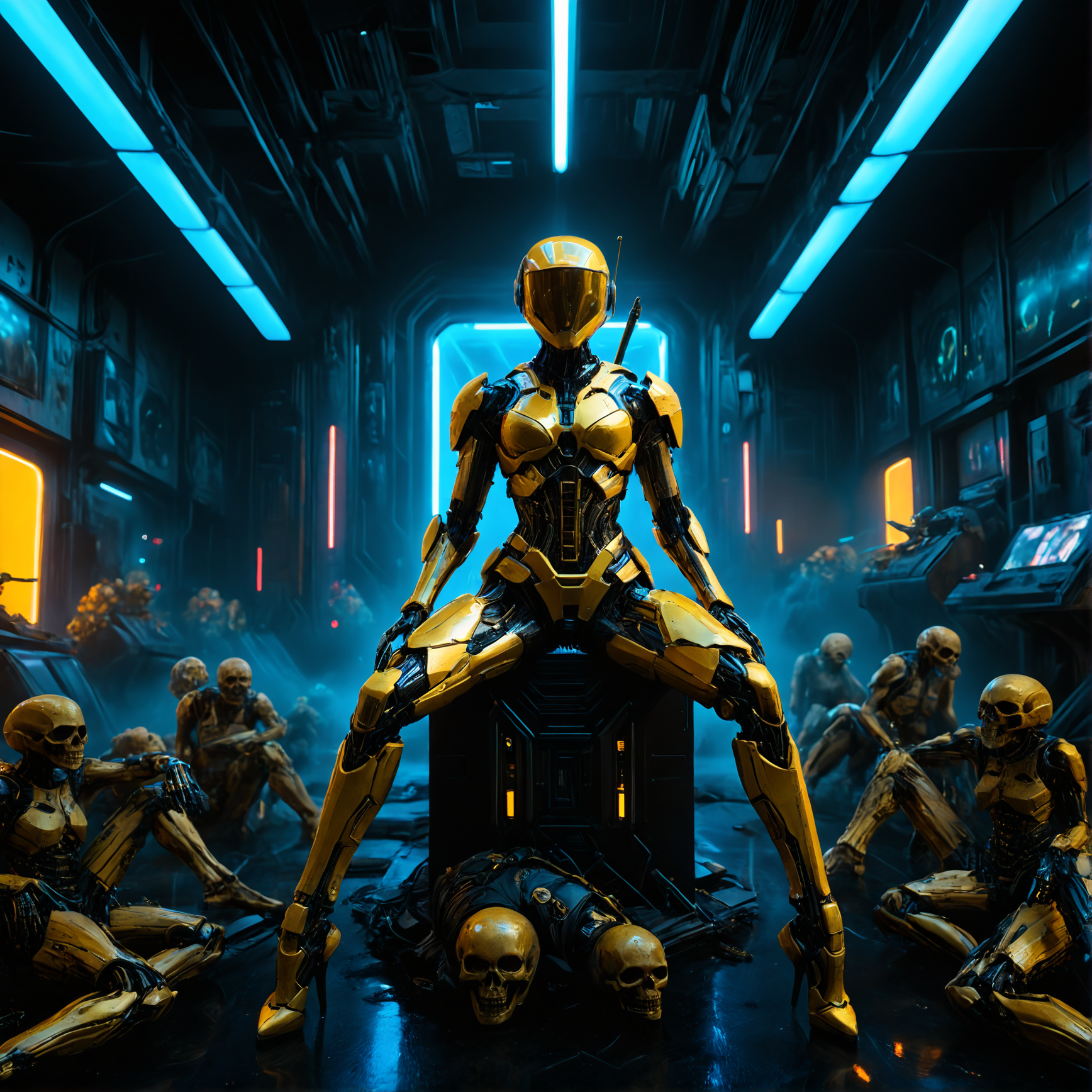scifi post-apocalyptic theme, yellow, metall flake costume, glittering, futuristic golden,  cyborg, woman biorobot,  scratches, dents, heavy used outfit, black visor, sniper, rifle, right hand point to the viewer, sitting on the bunch of skulls,  in a neon cyber city, colorful, high contrast lighting, symmetric shot, smooth contours and sharp lines, sci-fi element, 3d rendering , atmospheric, best quality, sharp focus, high contrast, stylized, dark, clear, surreal, ultra quality, 8k, best quality, masterpiece, midjourneyv6.1, detailmaximizer <lora:MidjourneyV6.1:0.5> <lora:d\EnvyZoomSliderXL01:-3> <lora:add-detail-xl:2> <lora:SDXL_Breast Size Slider:0.5> <lora:Realism_Lora_By_Stable_yogi_SDXL8.1:1.7>  <lora:Mechanism-pdxl-1:0.8> <lora:cinematic color motion picture film style:0.8>  <lora:aidmaImageUpgraderSDXL-v0.3:0.5> <lora:S1_Dramatic_Lighting_v3:0.4> <lora:sdxl_glass:0.1> <lora:zy_Realism_Enhancer_v1:0.1>  <lora:SDXLFaeTastic2400:0> <lora:SDXLHighDetail_v6:0.1> <lora:SDXL_dark:0.5>