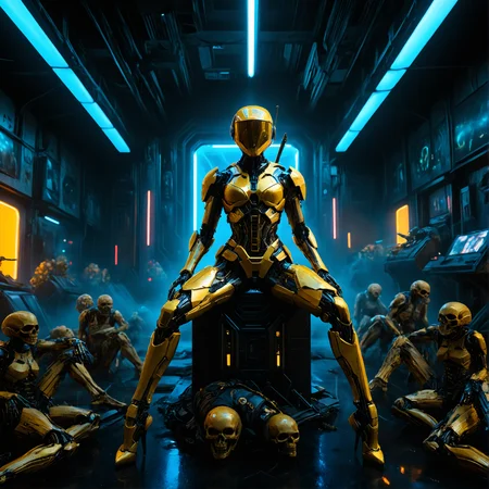 scifi post-apocalyptic theme, yellow, metall flake costume, glittering, futuristic golden, cyborg, woman biorobot, scratches, dents, heavy used outfit, black visor, sniper, rifle, right hand point to the viewer, sitting on the bunch of skulls, in a neon cyber city, colorful, high contrast lighting, symmetric shot, smooth contours and sharp lines, sci-fi element, 3d rendering , atmospheric, best quality, sharp focus, high contrast, stylized, dark, clear, surreal, ultra quality, 8k, best quality, masterpiece, midjourneyv6.1, detailmaximizer <lora:MidjourneyV6.1:0.5> <lora:d\EnvyZoomSliderXL01:-3> <lora:add-detail-xl:2> <lora:SDXL_Breast Size Slider:0.5> <lora:Realism_Lora_By_Stable_yogi_SDXL8.1:1.7> <lora:Mechanism-pdxl-1:0.8> <lora:cinematic color motion picture film style:0.8> <lora:aidmaImageUpgraderSDXL-v0.3:0.5> <lora:S1_Dramatic_Lighting_v3:0.4> <lora:sdxl_glass:0.1> <lora:zy_Realism_Enhancer_v1:0.1> <lora:SDXLFaeTastic2400:0> <lora:SDXLHighDetail_v6:0.1> <lora:SDXL_dark:0.5>